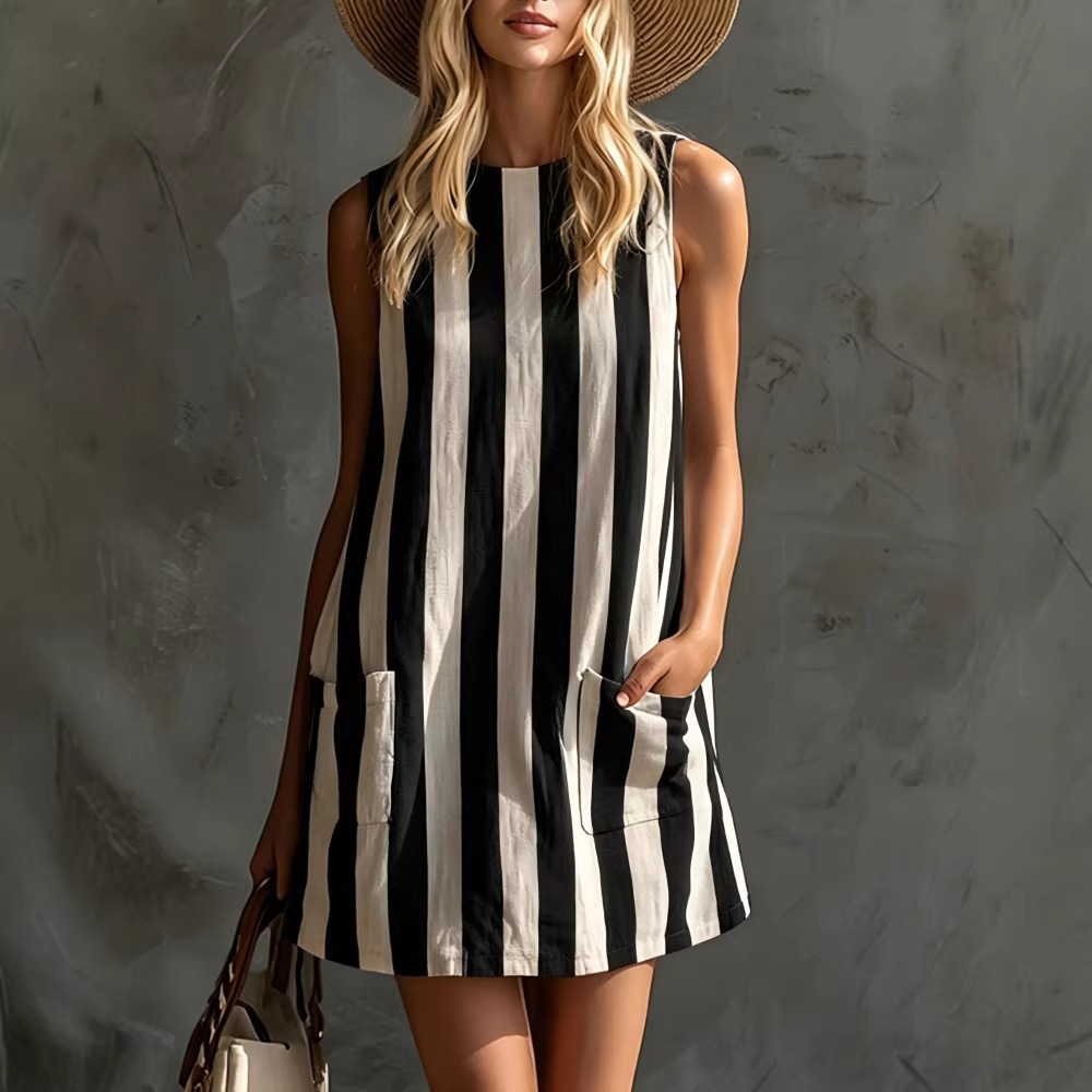 Women's Black Vertical Stripe Sleeveless Pocket Shift Mini Dress